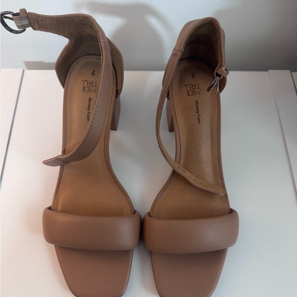 Mercury Row Tan Heels with Block Heel and Ankle Strap